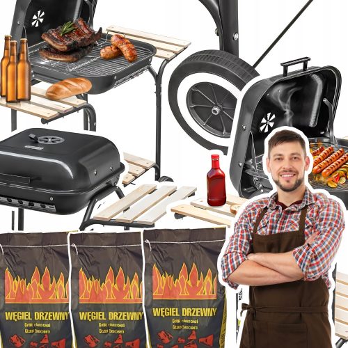  Kerti faszén grill fedéllel és kisasztallal a kertbe + 6kg szén