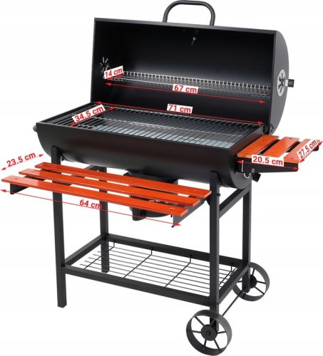  KERTI SZÉN GRILL FEDŐVEL ÉS POLCOKVAL FEKETE HORDÓRÁCS 71x35cm