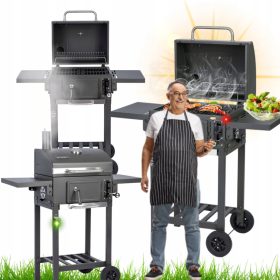    ACÉL SZÉN KERTI GRILL Öntöttvas Rácsos, ZÁRT FEDŐS HŐMÉRŐ