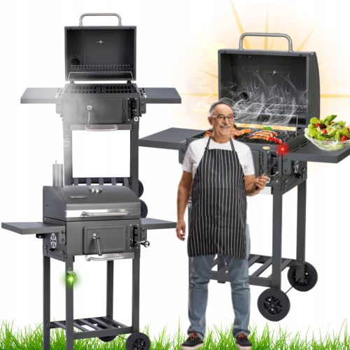  ACÉL SZÉN KERTI GRILL Öntöttvas Rácsos, ZÁRT FEDŐS HŐMÉRŐ