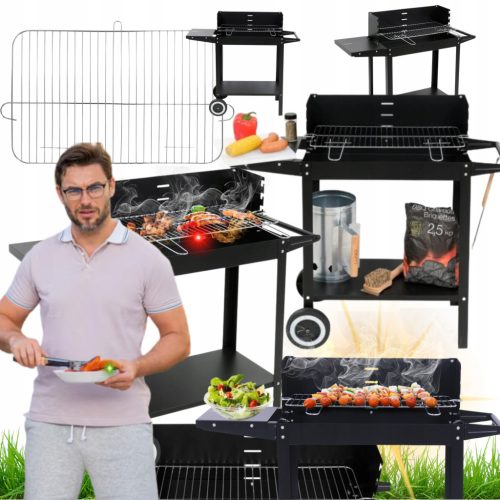  HORDOZHATÓ KERTI SZÉN GRILL KEREKEKEL, POLCVAL ÉS KRÓMOZOTT RÁCSSAL