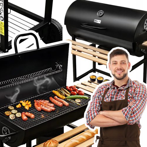  Kerti faszén grill Hordó asztalok acél tömör rostély hőmérővel