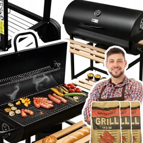    Kerti faszén grill Hordó asztalok acél rács hőmérővel + 6kg SZÉN