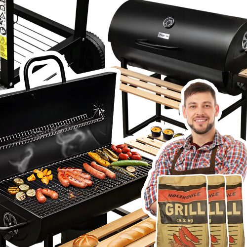  Kerti faszén grill Hordó asztalok acél rács hőmérővel + 6kg SZÉN