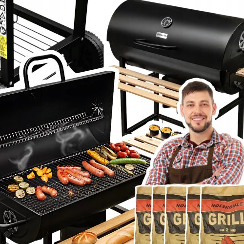  Kerti faszén grill Hordó asztalok acél rostélyos hőmérő + 10 kg szén