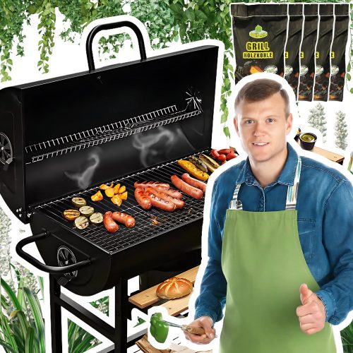  Kerti grill Hordó asztalok acél tömör rostély hőmérővel + 10kg szén