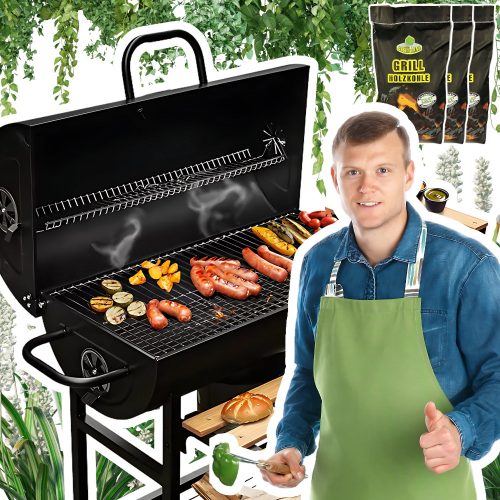  Kerti grill Hordó asztalok acél tömör rostély hőmérővel + 6kg szén