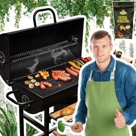    Kerti grill Hordó asztalok acél tömör rostély hőmérővel + 2kg szén