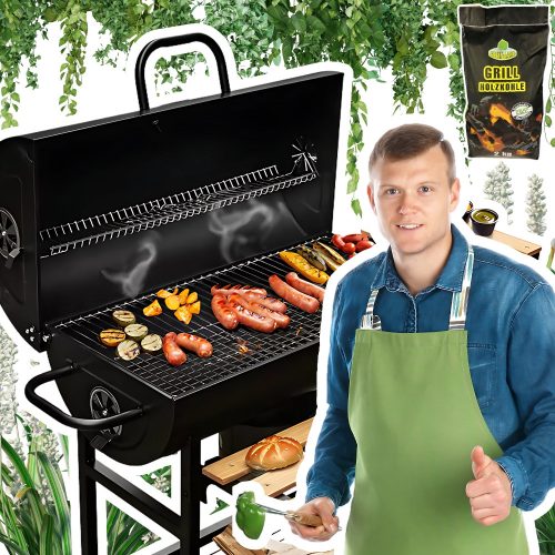  Kerti grill Hordó asztalok acél tömör rostély hőmérővel + 2kg szén