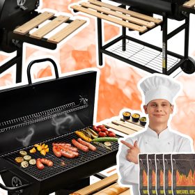    Faszén grill Hordó asztalok acél tömör rostély hőmérővel + 10kg szén