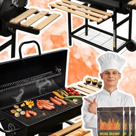    Faszén grill Hordó asztalok acél tömör rostély hőmérővel + 6kg szén