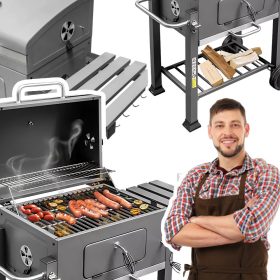    Kerti faszén grill fedővel, oldalasztallal, öntöttvas rostélyos, masszív 25 kg