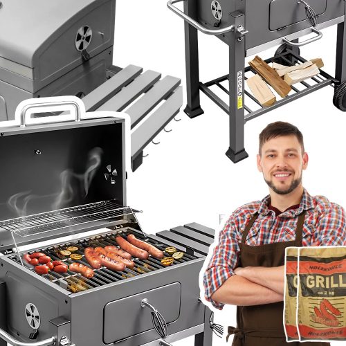 Kerti faszén grill, hőmérő, tömör öntöttvas rostély + 4kg szén