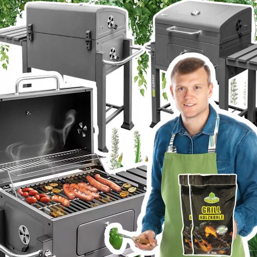  Kerti grill fedővel, kisasztallal, öntöttvas tömör rostélyral + 4 kg szén