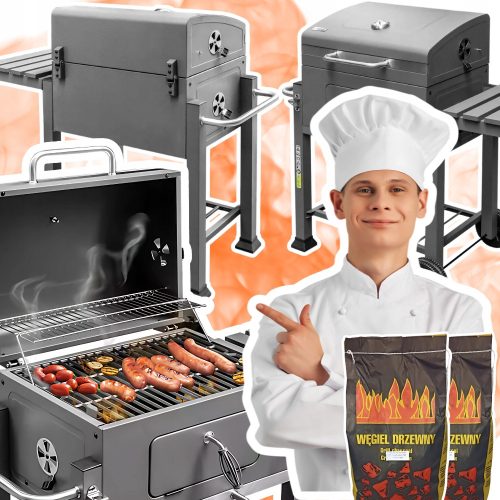  Faszén grill öntöttvas asztallal, tömör ráccsal, füstölés +4kg szén