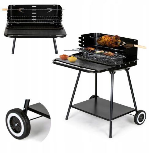  Kerti grill és Rotisserie állítható ráccsal, két nagy polccal, kerekekkel