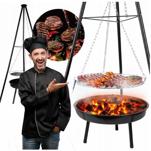  KANDALLÓ ÁLLVÁNY GRILL TÁBORTÜZRÁCS KERTI FÜGGETŐ NAGY 50cm-es TÁBORTÜZ
