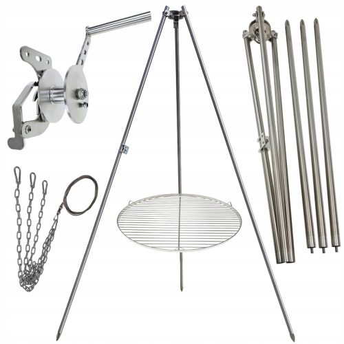  Kerti grill állvány 200cm rozsdamentes acél + rostély 60cm + orsó + INOX kötél