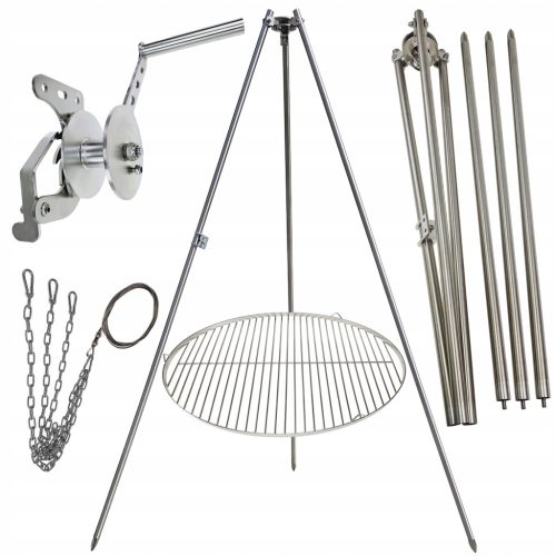  Kerti grill állvány 200cm rozsdamentes + rostély 70cm + orsó + INOX kötél