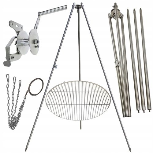  Kerti grill állvány 200cm rozsdamentes + rostély 80cm + orsó + INOX kötél