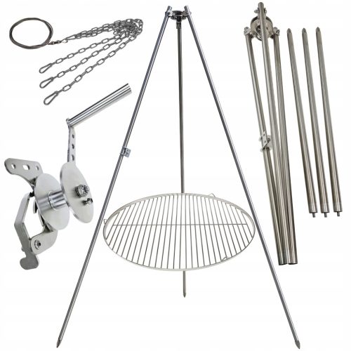  Kerti grill állvány 225cm rozsdamentes + rostély 70cm orsókötél KÉSZLET
