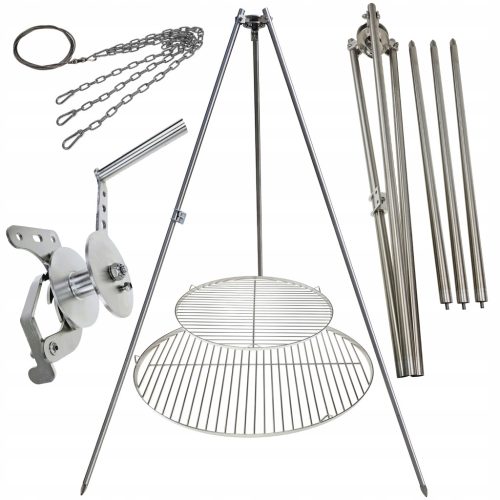  Kerti grill állvány 225cm rozsdamentes acél 2 rács 50 és 70cm orsókötél