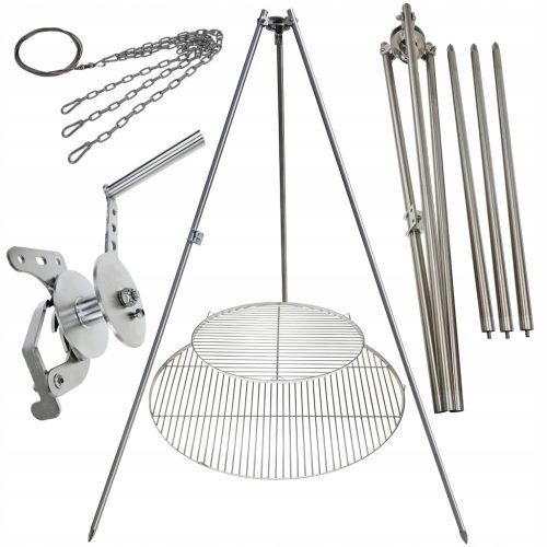  Kerti grill állvány 225cm rozsdamentes acél 2 rács 50 és 80cm orsókötél