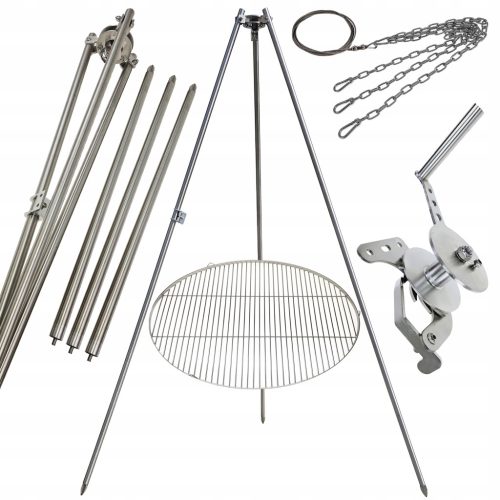  Kerti grill állvány 250cm rozsdamentes + rostély 80cm + orsó + INOX kötél