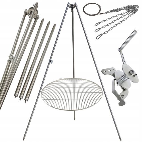  Kerti grill állvány 250cm rozsdamentes + rostély 90cm + orsó + INOX kötél