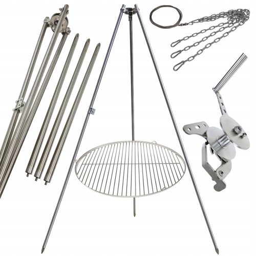  Kerti grill állvány 250cm rozsdamentes acél 2 rács 50 és 70cm orsókötél