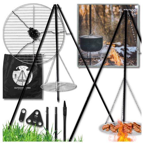  ÁLLVÁNY Tűzrakás Nagy GRILL Tábortűz Kerti Függesztett Grill rács 2 az 1-ben
