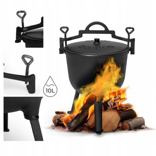  Öntöttvas bogrács Vadászfazék Magyar sültek 10L grilltábortűzhöz