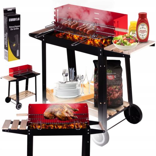  KRÓM KERTI SZÉN GRILL MOBIL PÖRKÖLT RÁCS POLCOK KEREKEK FÚVÓ