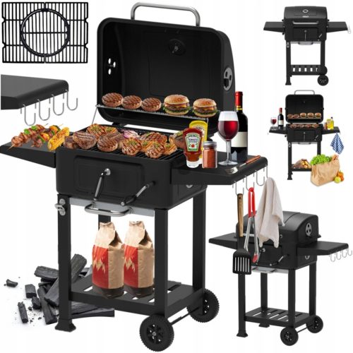  KERTI SZÉN GRILL BBQ öntöttvas Rács FEDŐ HAMU TÁLCA + HŐMÉRŐ XXL