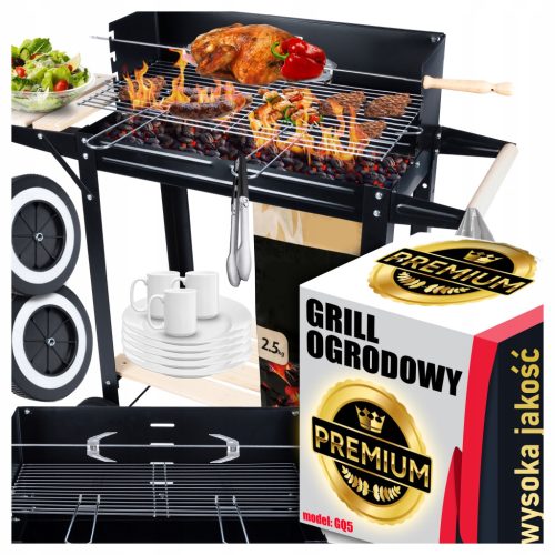  KERTI GRILL ÁLLÍTHATÓ SZÉNRÁCSOS POLCOK KEREKEN STABIL GRILL