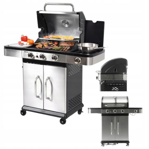  GÁZKERTI GRILL NAGY RÁCS YATO 3+1 11,2KW FEDŐ HŐMÉRŐVEL