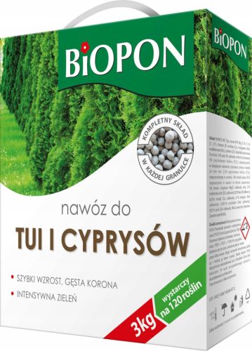 BIOPON MŰTRÁGYA TUI ÉS CIPRESS GRÁNULÁKHOZ 3KG GYORS NÖVEKEDÉS SŰRŰ KORONÁHOZ