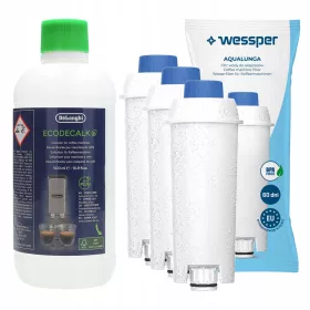    Folyékony vízkőoldó De'Longhi EcoDecalk kávégépekhez 0,5 l + 3× Wessper AquaLunga WES039 szűrőbetét 1 db.