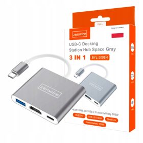    Adapter HUB USB-C Zenwire 3 az 1-ben HDMI USB 3.0 DEX Thunderbolt Macbook M1 M2 M3